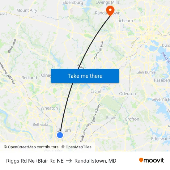 Riggs Rd Ne+Blair Rd NE to Randallstown, MD map