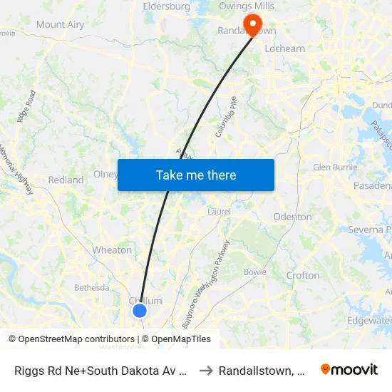 Riggs Rd Ne+South Dakota Av NE to Randallstown, MD map