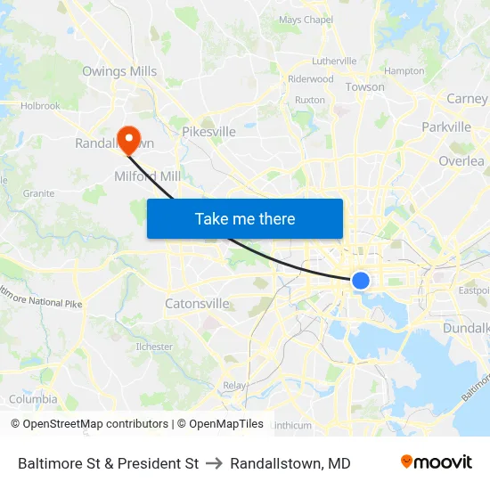 Baltimore St & President St to Randallstown, MD map