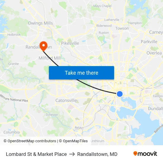 Lombard St & Market Place to Randallstown, MD map