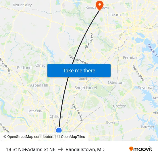 18 St Ne+Adams St NE to Randallstown, MD map