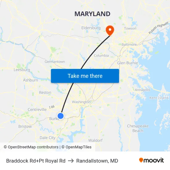 Braddock Rd+Pt Royal Rd to Randallstown, MD map