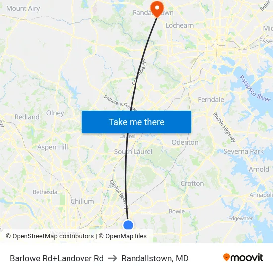 Barlowe Rd+Landover Rd to Randallstown, MD map