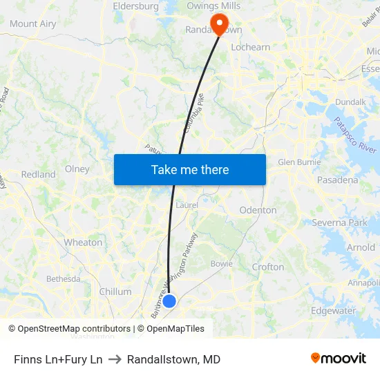 Finns Ln+Fury Ln to Randallstown, MD map