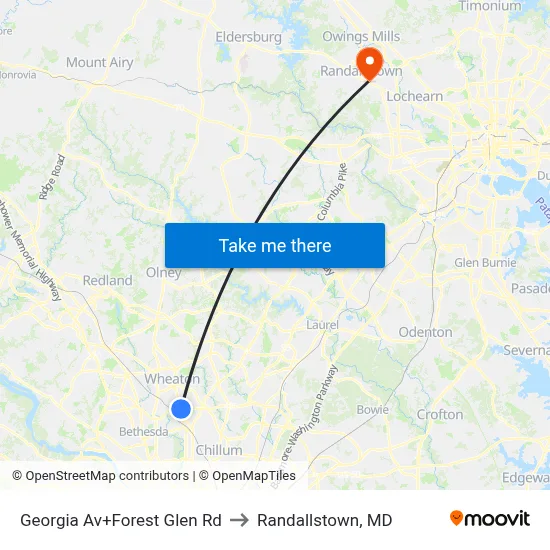 Georgia Av+Forest Glen Rd to Randallstown, MD map