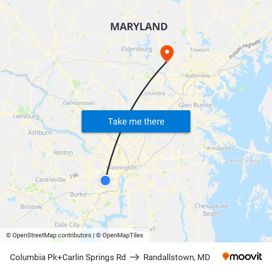 Columbia Pk+Carlin Springs Rd to Randallstown, MD map