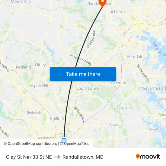 Clay St Ne+33 St NE to Randallstown, MD map