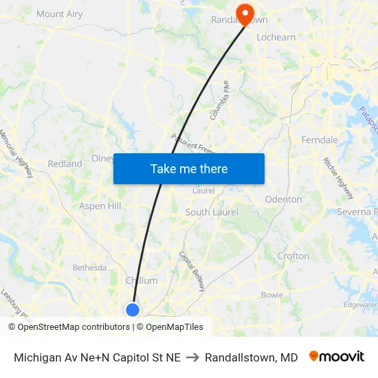 Michigan Av Ne+N Capitol St NE to Randallstown, MD map