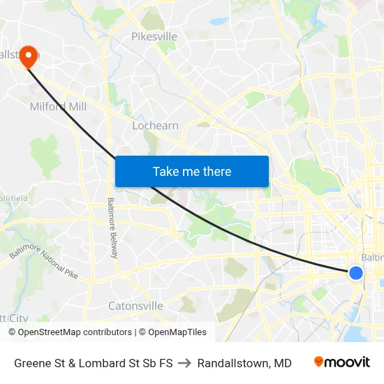 Greene St & Lombard St Sb FS to Randallstown, MD map