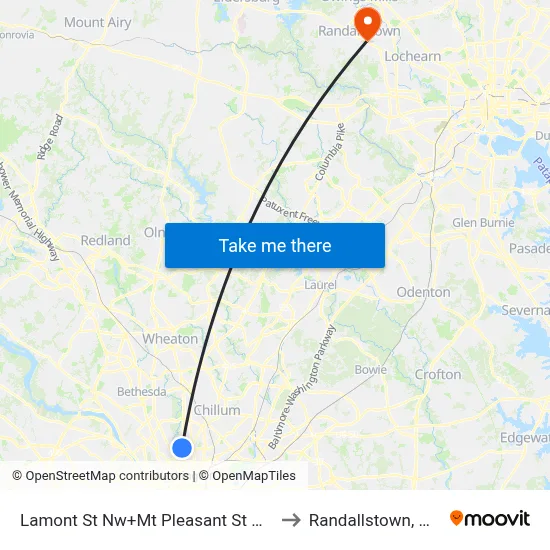 Lamont St Nw+Mt Pleasant St NW to Randallstown, MD map