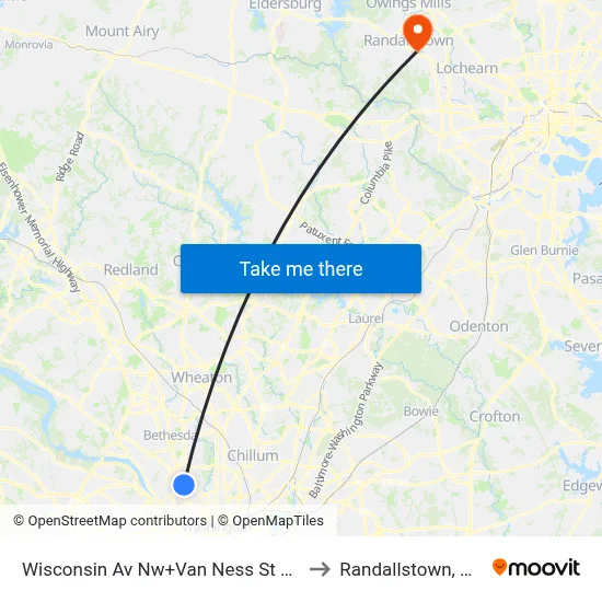 Wisconsin Av Nw+Van Ness St NW to Randallstown, MD map
