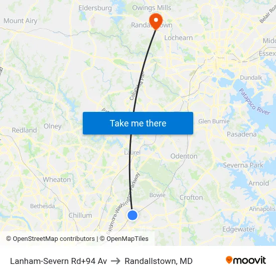 Lanham-Severn Rd+94 Av to Randallstown, MD map