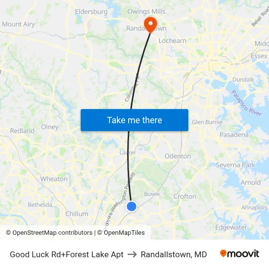 Good Luck Rd+Forest Lake Apt to Randallstown, MD map