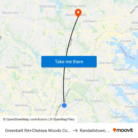 Greenbelt Rd+Chelsea Woods Condos to Randallstown, MD map