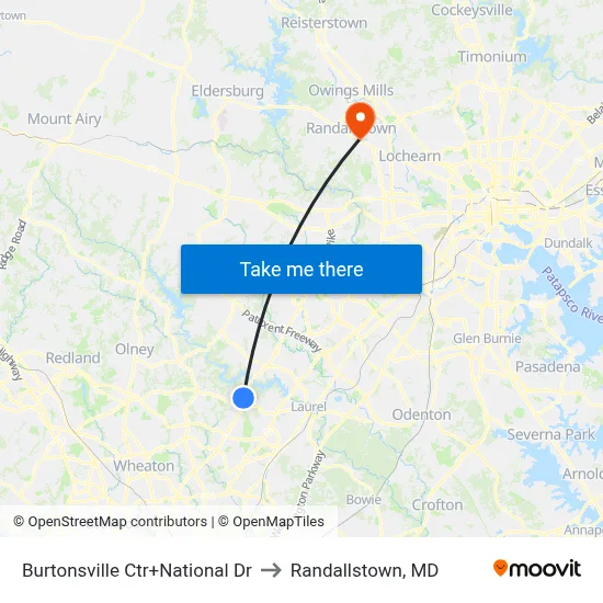 Burtonsville Ctr+National Dr to Randallstown, MD map