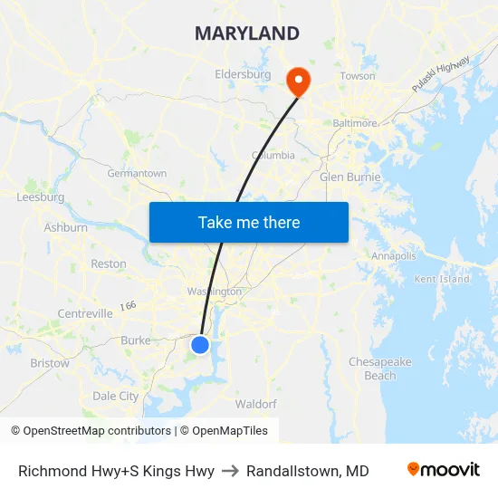 Richmond Hwy+S Kings Hwy to Randallstown, MD map