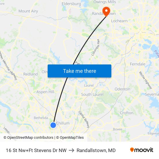 16 St Nw+Ft Stevens Dr NW to Randallstown, MD map