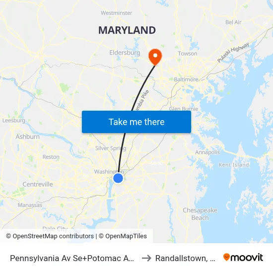 Pennsylvania Av Se+Potomac Av SE to Randallstown, MD map