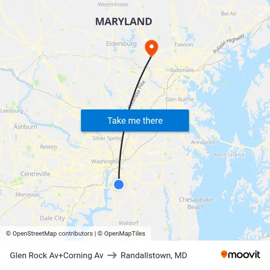 Glen Rock Av+Corning Av to Randallstown, MD map