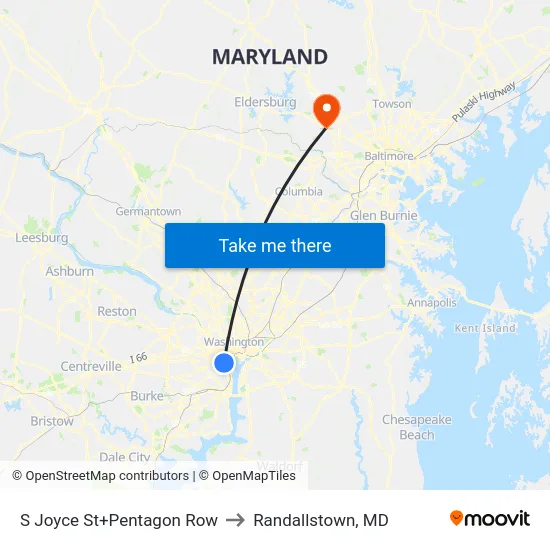 S Joyce St+Pentagon Row to Randallstown, MD map