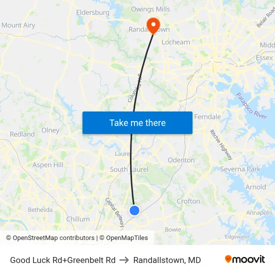 Good Luck Rd+Greenbelt Rd to Randallstown, MD map