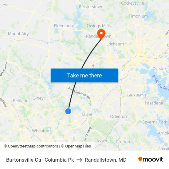 Burtonsville Ctr+Columbia Pk to Randallstown, MD map