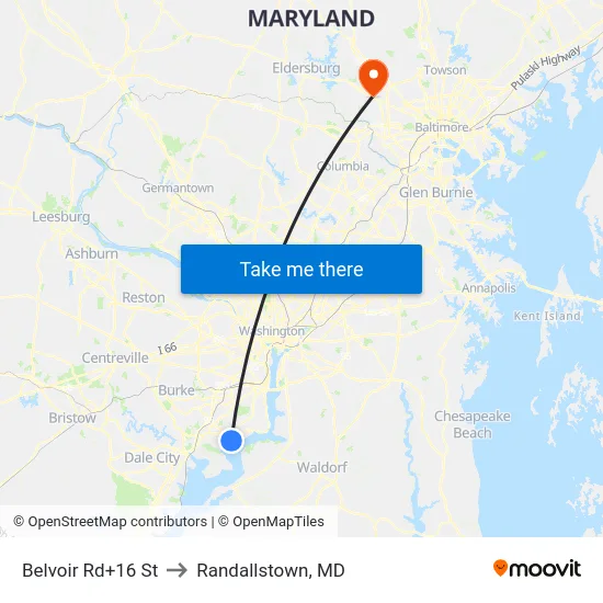 Belvoir Rd+16 St to Randallstown, MD map