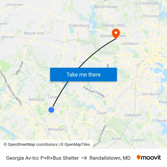 Georgia Av-Icc P+R+Bus Shelter to Randallstown, MD map