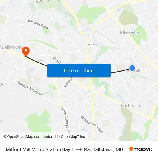 Milford Mill Metro Station Bay 1 to Randallstown, MD map