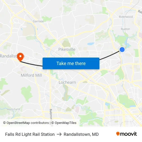 Falls Rd Light Rail Station to Randallstown, MD map