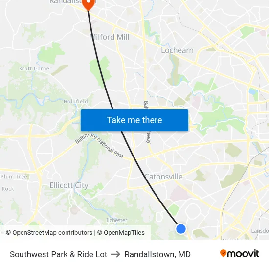 Southwest Park & Ride Lot to Randallstown, MD map