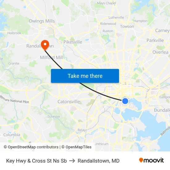 Key Hwy & Cross St Ns Sb to Randallstown, MD map