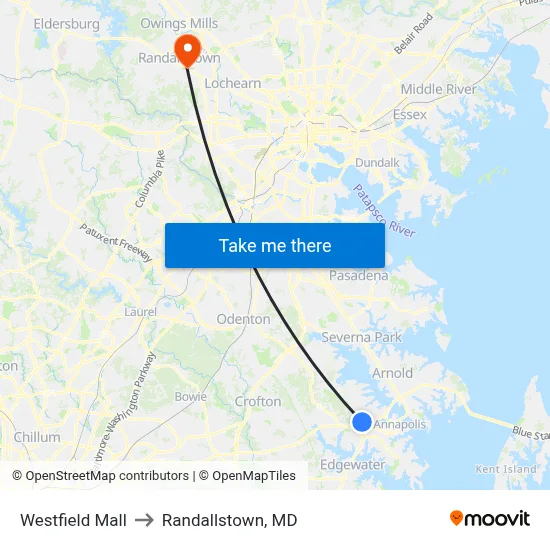 Westfield Mall to Randallstown, MD map