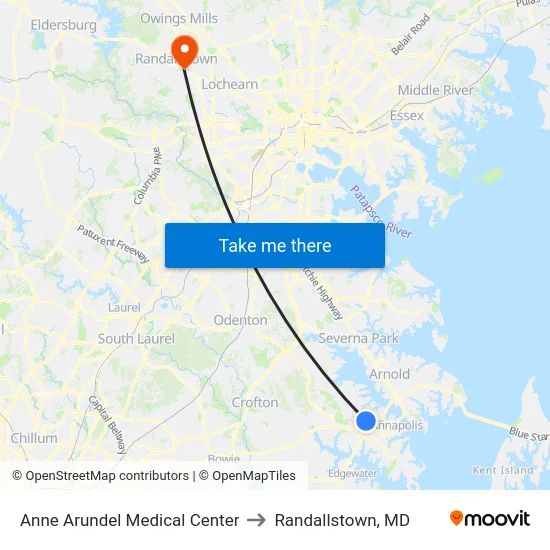 Anne Arundel Medical Center to Randallstown, MD map