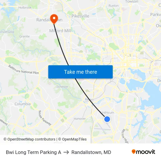 Bwi Long Term Parking A to Randallstown, MD map