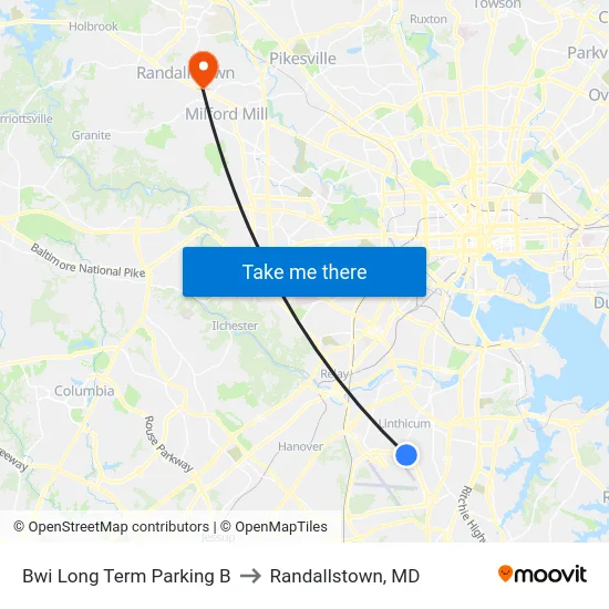 Bwi Long Term Parking B to Randallstown, MD map