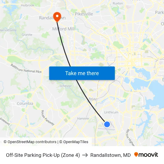 Off-Site Parking Pick-Up (Zone 4) to Randallstown, MD map
