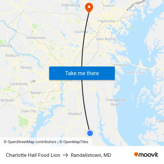 Charlotte Hall Food Lion to Randallstown, MD map