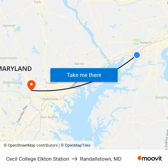 Cecil College Elkton Station to Randallstown, MD map