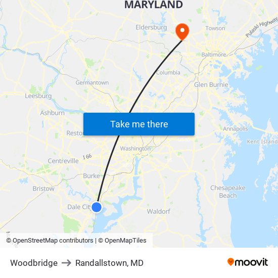 Woodbridge to Randallstown, MD map