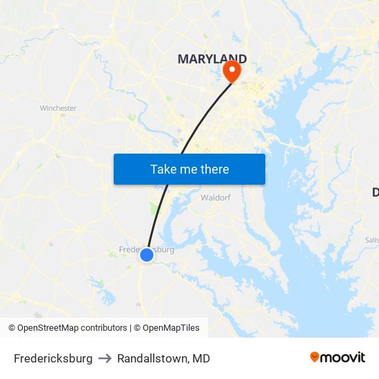 Fredericksburg to Randallstown, MD map