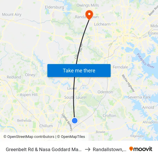 Greenbelt Rd & Nasa Goddard Main Gate to Randallstown, MD map