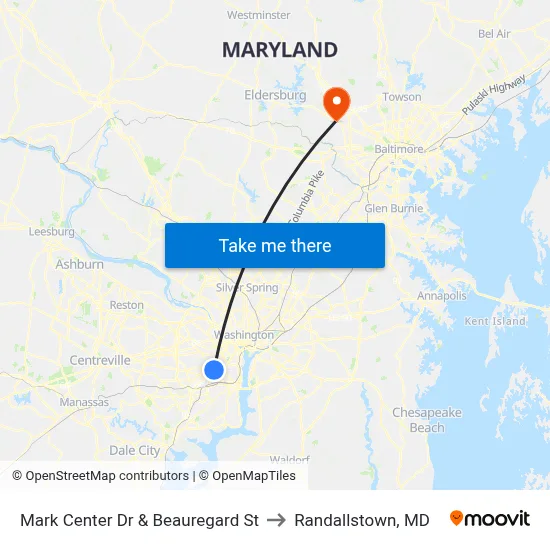 Mark Center Dr & Beauregard St to Randallstown, MD map