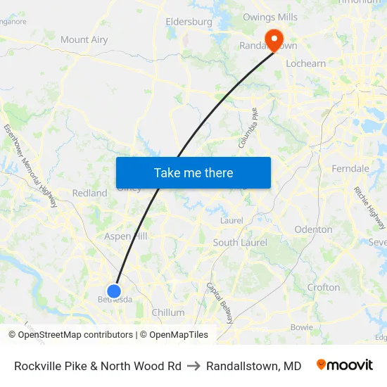 Rockville Pike & North Wood Rd to Randallstown, MD map