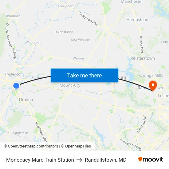 Monocacy Marc Train Station to Randallstown, MD map