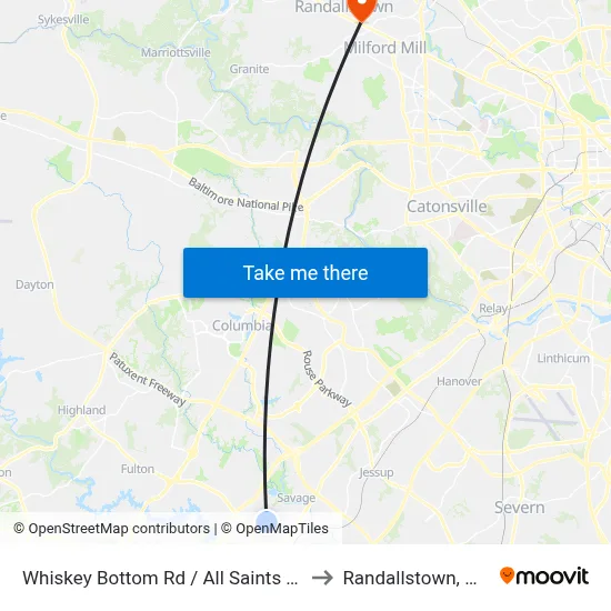 Whiskey Bottom Rd / All Saints Rd to Randallstown, MD map