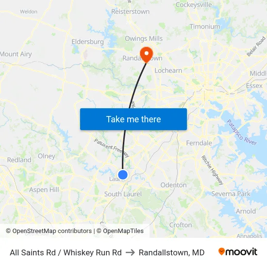 All Saints Rd / Whiskey Run Rd to Randallstown, MD map