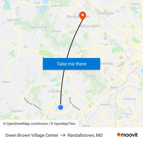 Owen Brown Village Center to Randallstown, MD map