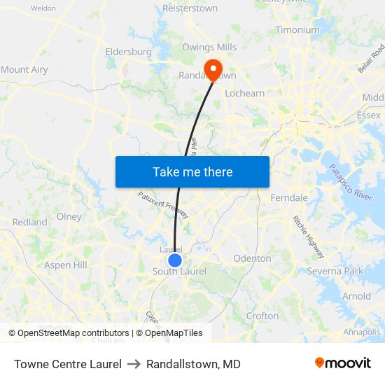 Towne Centre Laurel to Randallstown, MD map