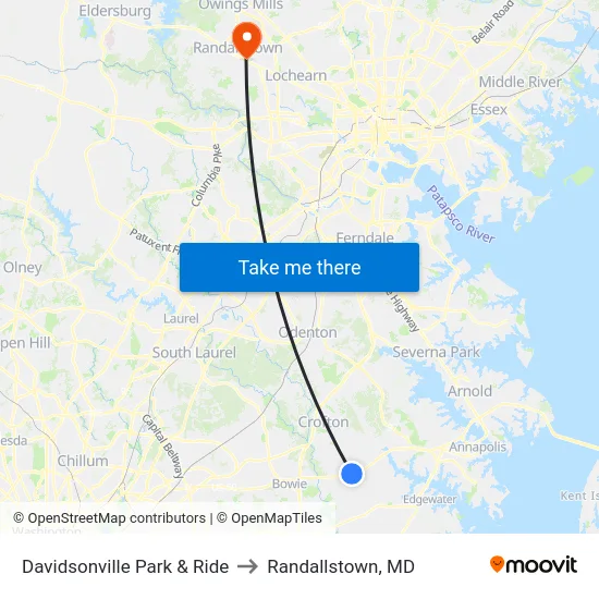 Davidsonville Park & Ride to Randallstown, MD map